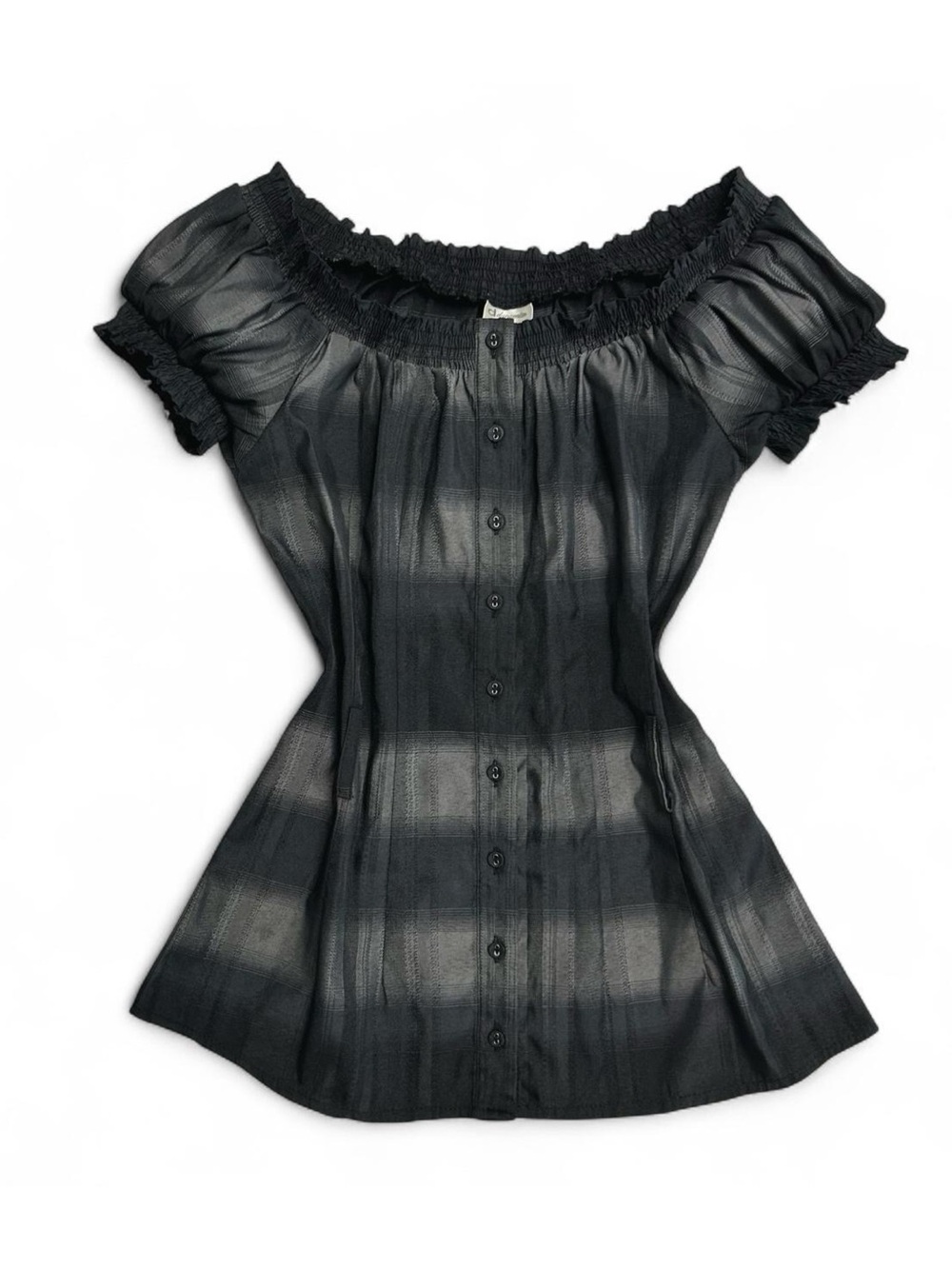Y2K 2000s Gothic Dark Academia Dynamite Black & Grey Puff Sleeve Button Up Top